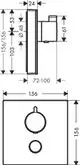 Thermostat von Hansgrohe für die Wandmontage. Rechteckige Bauform mit Durchbrüchen für Anschlüsse und Steuerung, markierte Abmessungen und Funktionselemente.